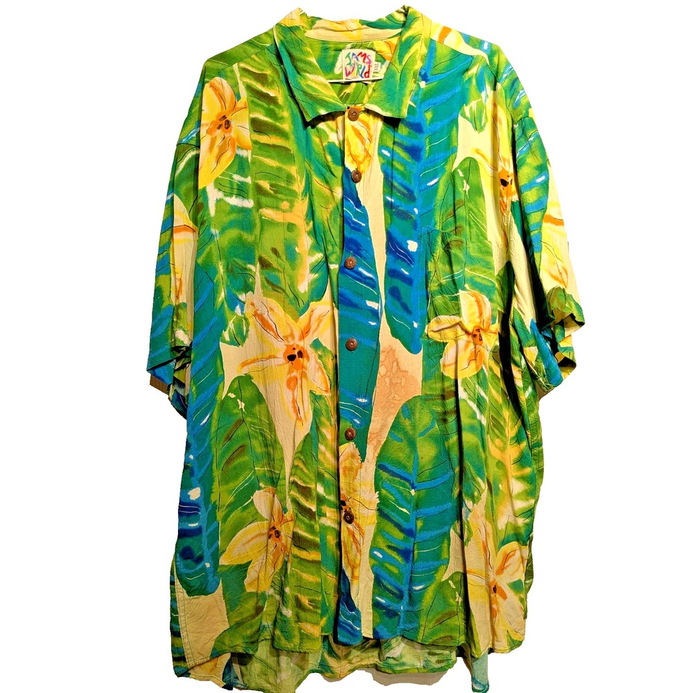 Vtg. Jams World Shirt Mens 2XL Green Tropical Floral Hawaiian Aloha‎ Rayon USA